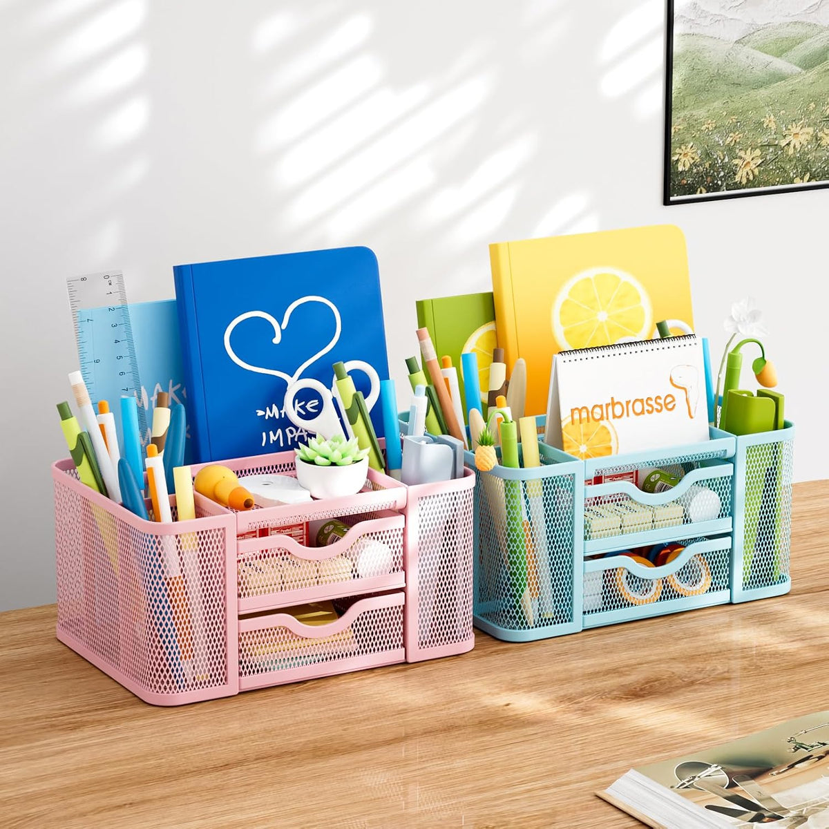 Marbrasse Mesh Desk Organizer, Pen Organizer with 2 Drawer, Multi-Functional Pencil Holder, Desk Organizers and Accessories with 5 Compartments + Drawer for Office Art Supplies (Blue)