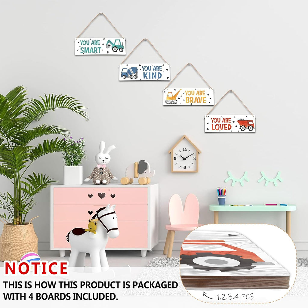 ISOVF 4 Pieces Construction Vehicles Decor Kids Room Wall Decor Wooden Sign