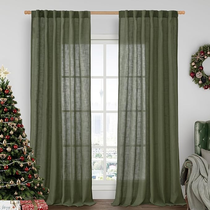 LAMIT Olive Green Linen Curtains 90 Inch by LAMIT