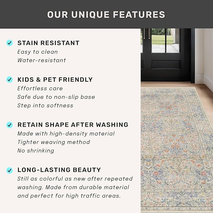 Vintage Washable Beige Blue 10x12 Rug - Image 7