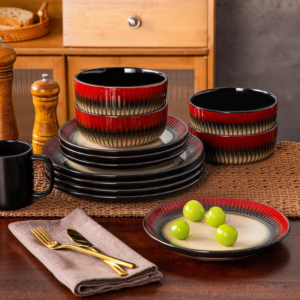 vancasso 12-Piece Red Ceramic Dinnerware Sets Plates and Bowls Sets for 4