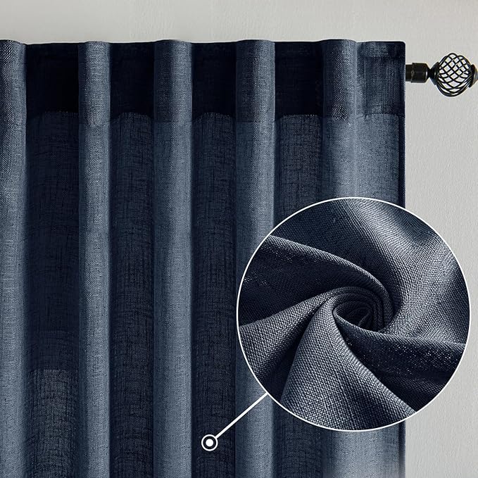 MIULEE Navy Blue Linen Curtains 108 Inch Length 2 Panels - Image 2