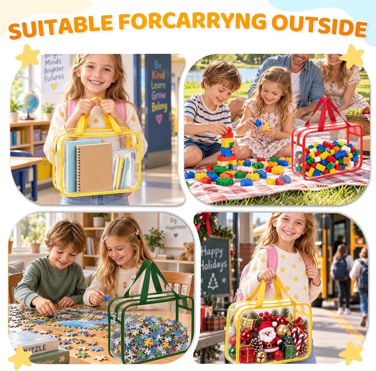 8 Packs 3 Colors Large Toy Storage Bags with Zipper and Labels, Clear PVC Waterproof Toy Organizers Bags for Board Games, Puzzles Pieces, Building Blocks, Handmade Accessories