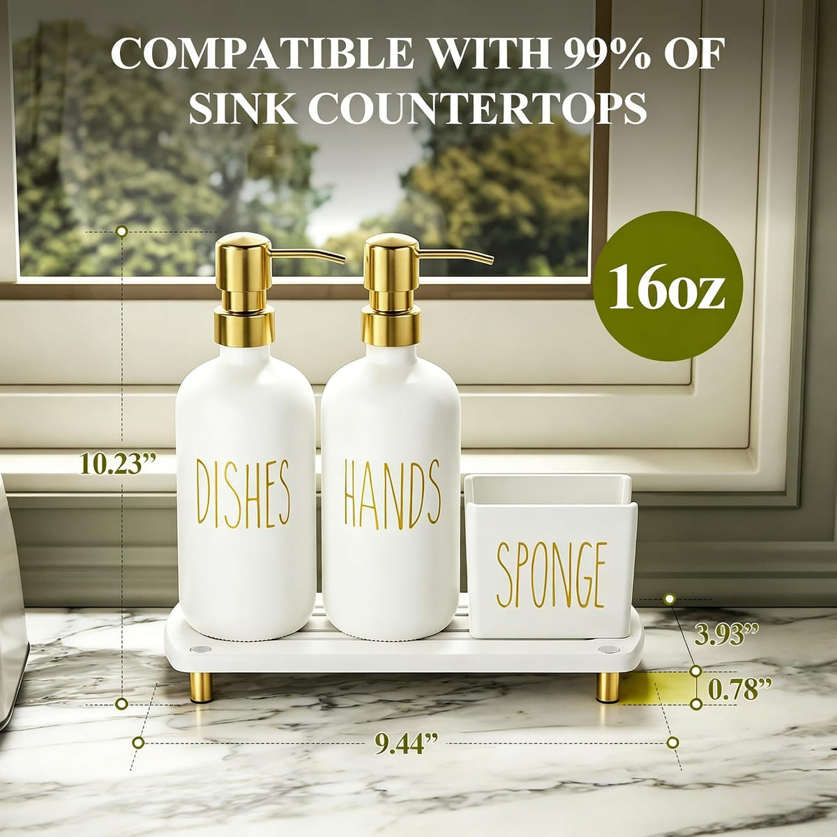 Cisily Kitchen Soap Dispenser Set Comes with Ceramics Sponge Holder, Gold Pumps, and Instant Dry Tray, Hand and Dish Soap Dispenser Set, Kitchen Decor and Accessories for Countertop Organizer