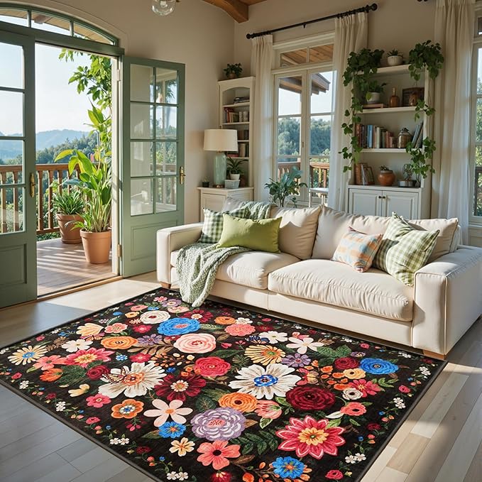 Floral Washable 6x9 Area Rugs, Soft Black/Brown Bedroom Rug - Image 3