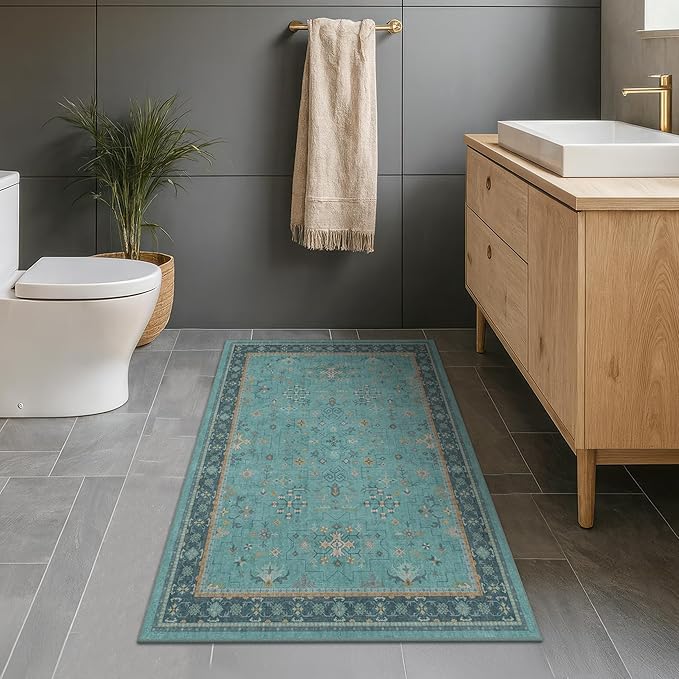 Hazo Haus Teal 3x6 Wide Non Slip Kitchen Rug by HazoHaus