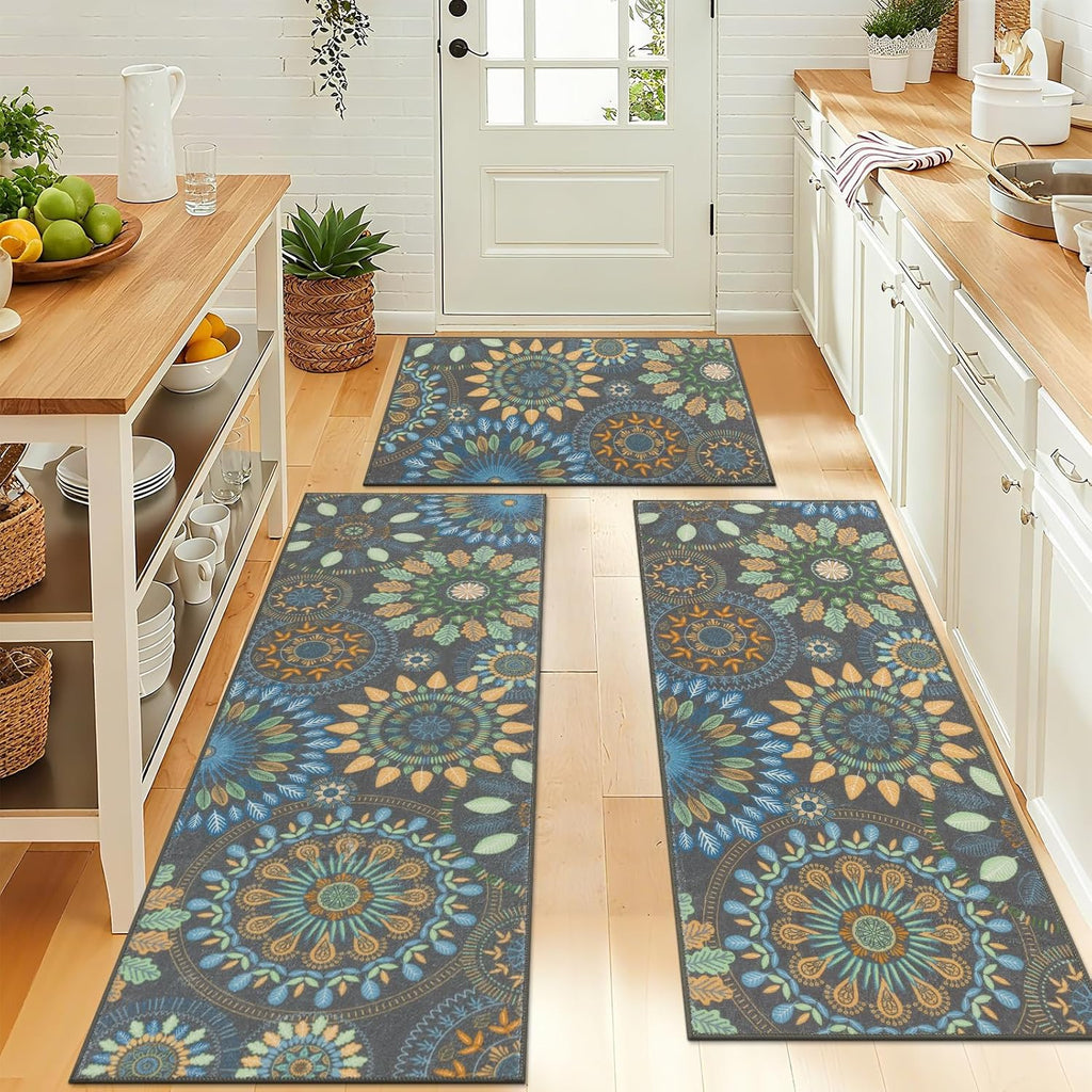 Bsmathom Boho Kitchen Rug Sets 3 Piece with Runner, Farmhouse Kitchen Rugs Non Slip Washable, Kitchen Mats for Floor Set of 3 for Kitchen Entryway Hallway Laundry Room