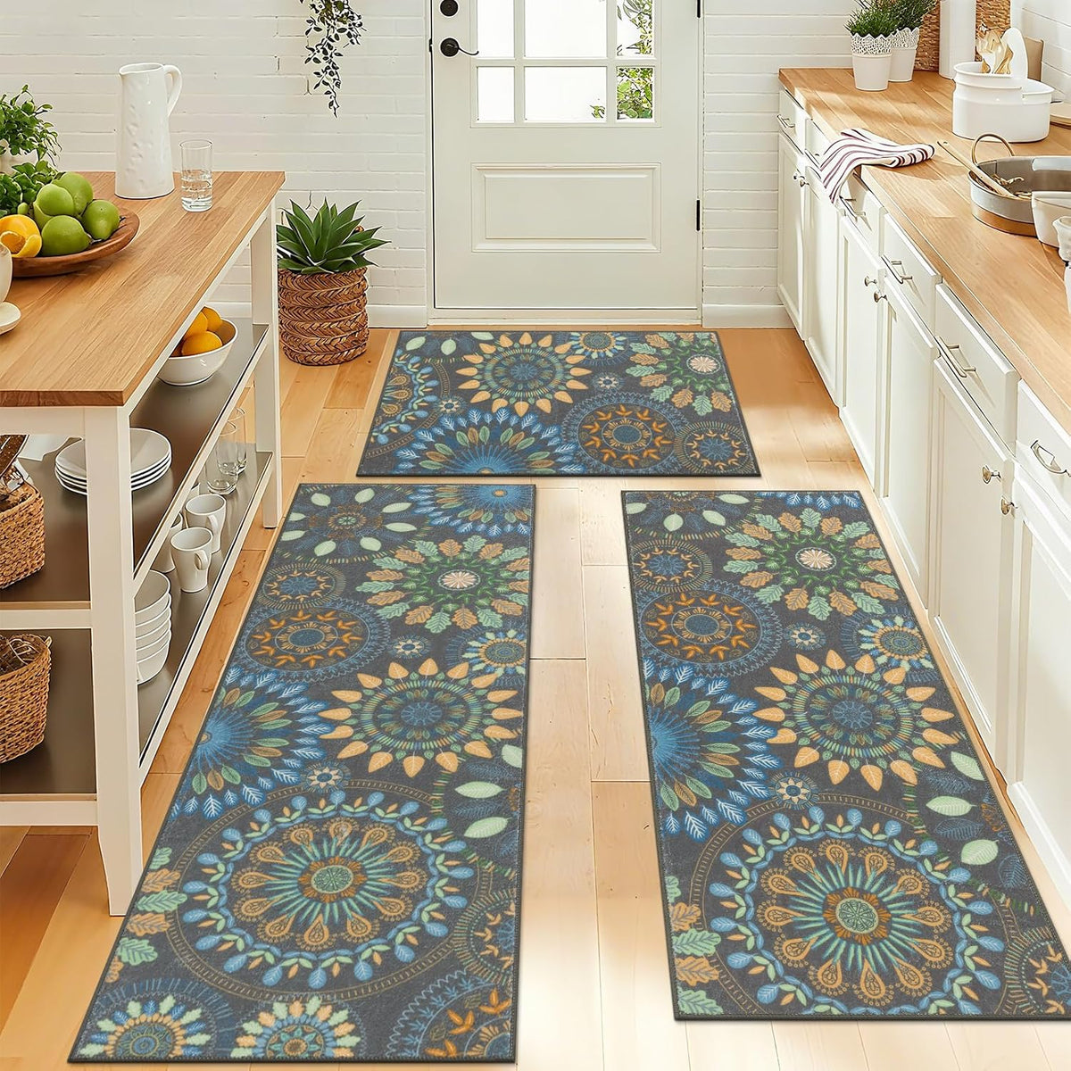 Bsmathom Boho Kitchen Rug Sets 3 Piece with Runner, Farmhouse Kitchen Rugs Non Slip Washable, Kitchen Mats for Floor Set of 3 for Kitchen Entryway Hallway Laundry Room