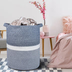 Cotton Rope Blanket Basket, 72L Laundry Hamper, Navy Blue &White