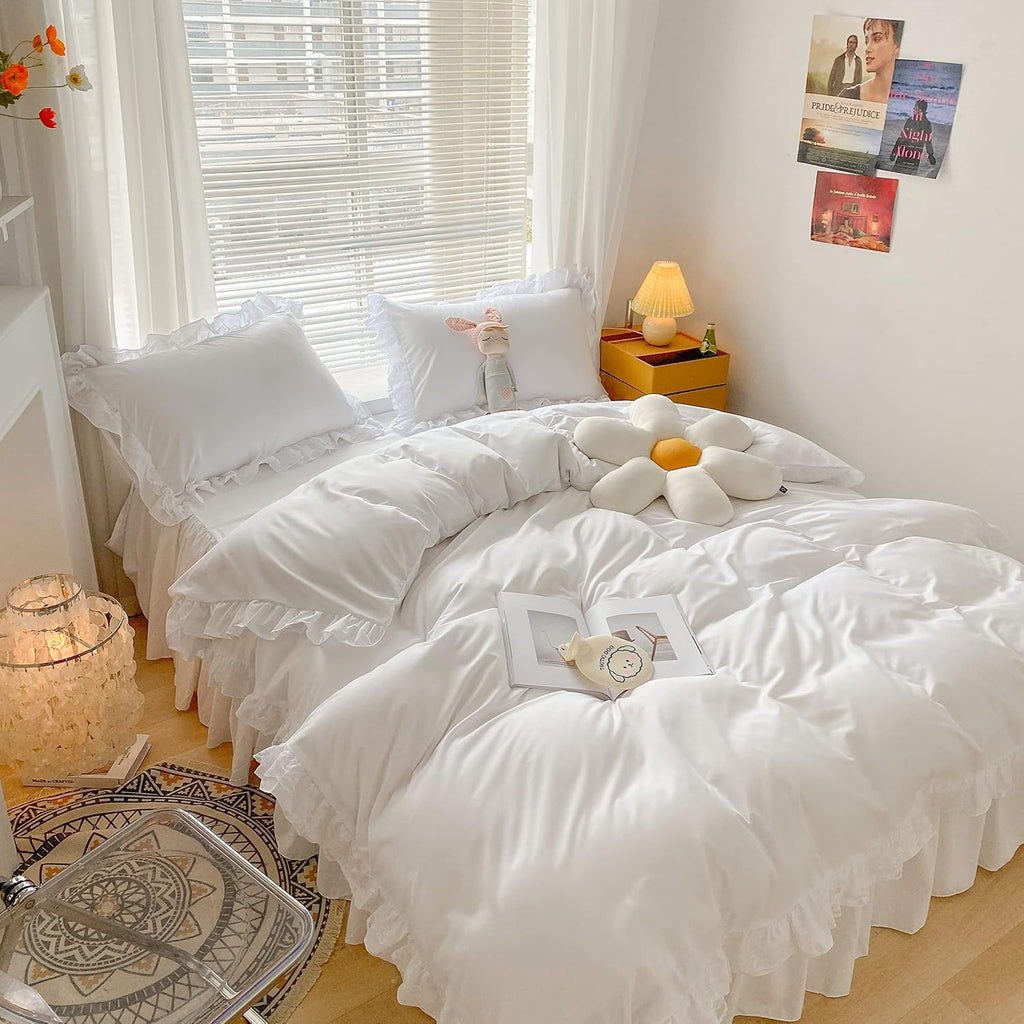 MOOWOO Chic Ruffle Lace Polyester Duvet Cover Set -Girl White Bedding-3 Piece Full Duvet Cover with Zipper Closure -Ultra Soft and Light Weight (White, Full)-No Comforter