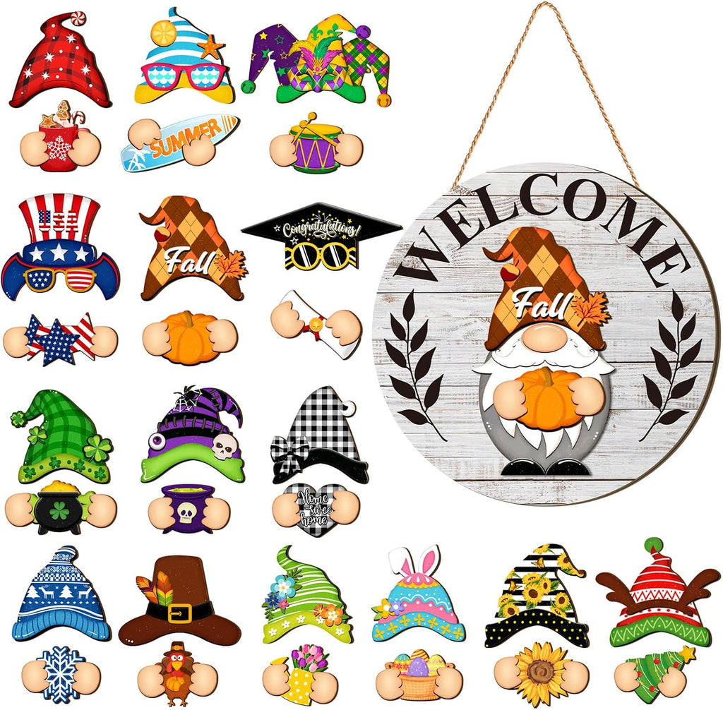 Qunclay Interchangeable Gnome Welcome Sign Seasonal Gnomes, 20, Gray