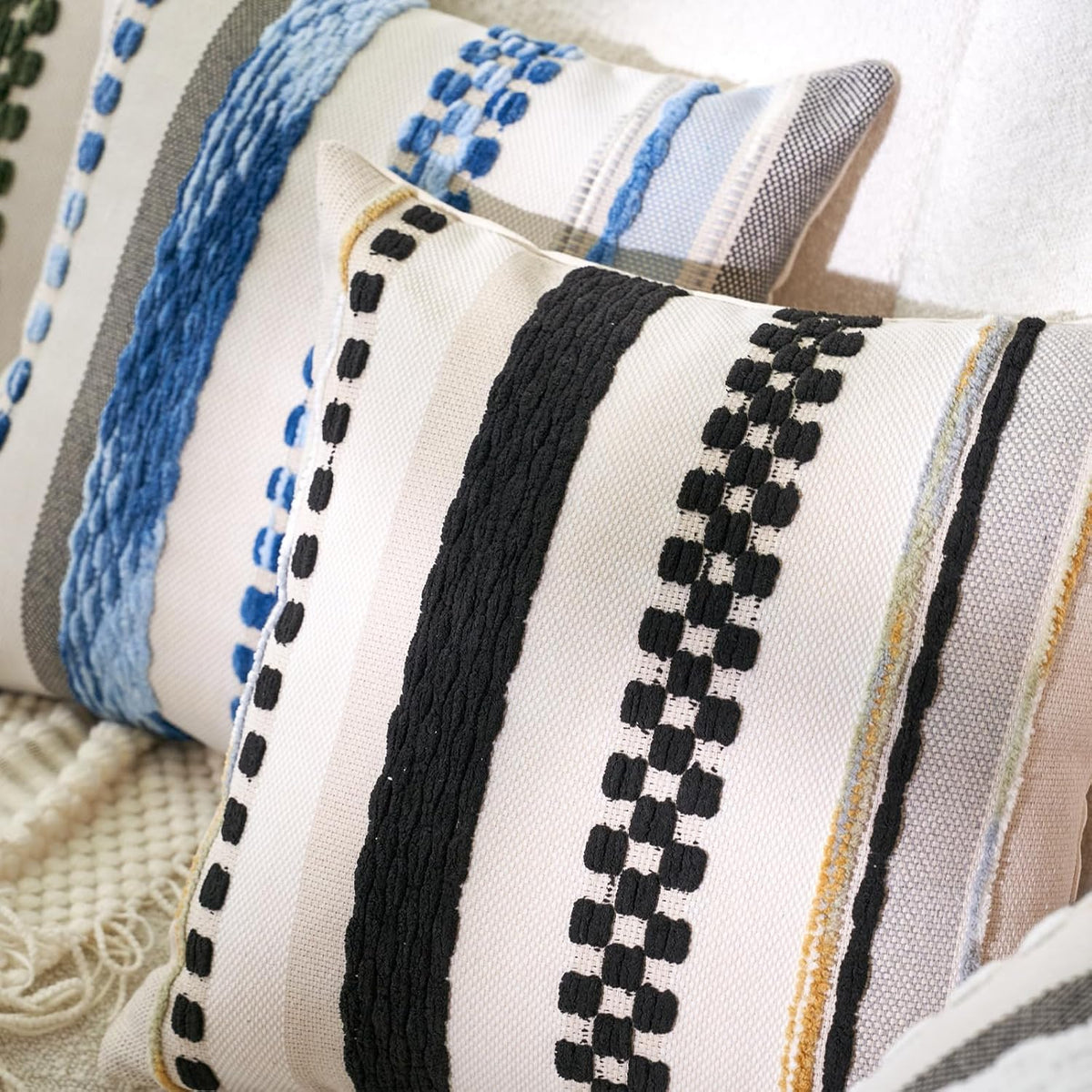 Aeckself Boho Throw Pillow Covers 18x18 Inch Set of 2, Farmhouse Decorative Striped Square Pillow Covers Chenille Tufted Pillow Cases Accent Neutral Pillowcase for Living Room Couch Bed, Black