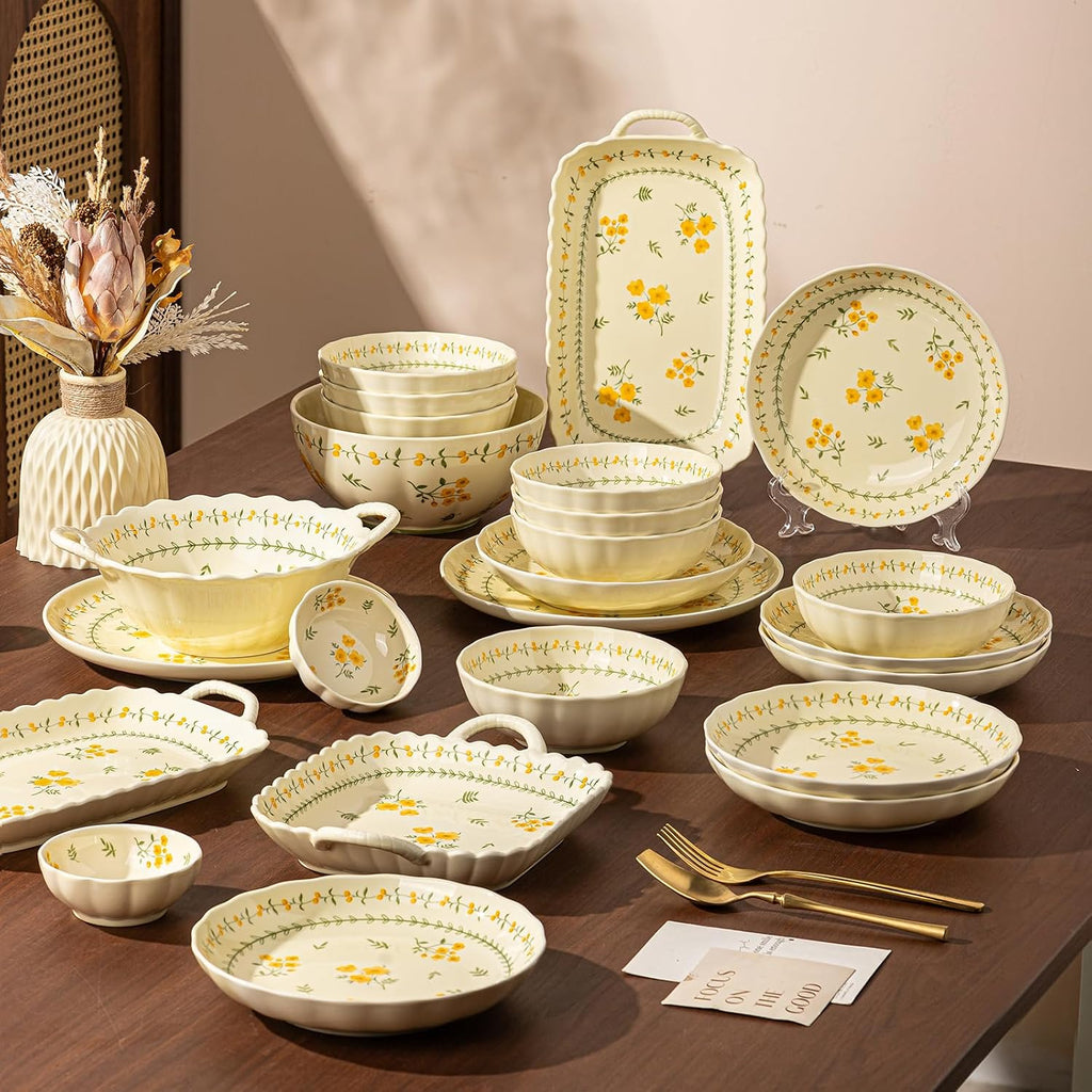 Ceramic Dinnerware Set, Series Kavara Ⅱ, (Yellow Spring Primrose)