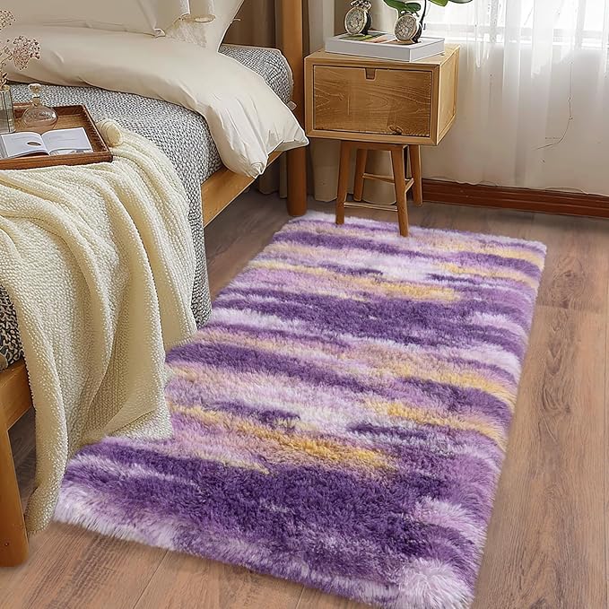 Soft Runner Rugs for Bedroom Hallways, 2x4 Abstract Purple Fluffy Shag Throw - Image 2