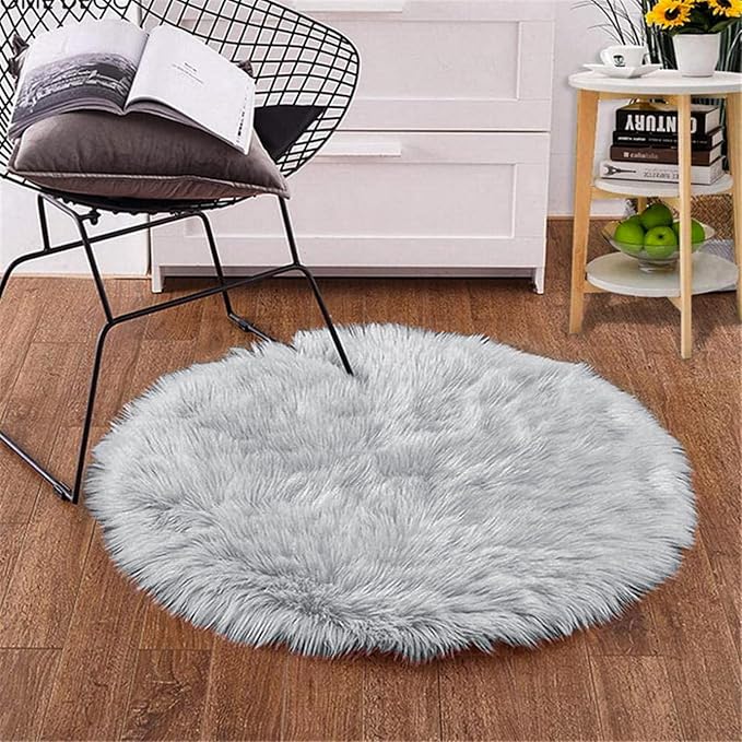 Goolela Grey Round Rug 3ft Fluffy Faux Sheepksin Fur Rug Fuzzy Gray Bedside Rugs - Image 2