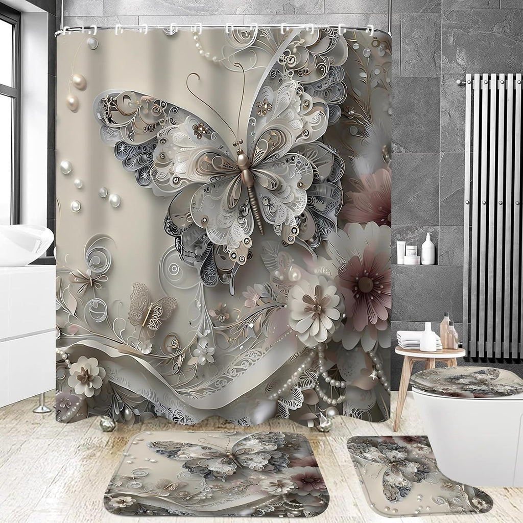 DDQQ 4Pcs Shower Curtain Sets, Gray Butterfly Bathroom Curtains Shower Set, Bathroom Decor Sets, Shower Curtain for Bathroom with Rugs, Toilet Lid Cover, Bath Mat and 12 Hooks, 71 x 71 Inches