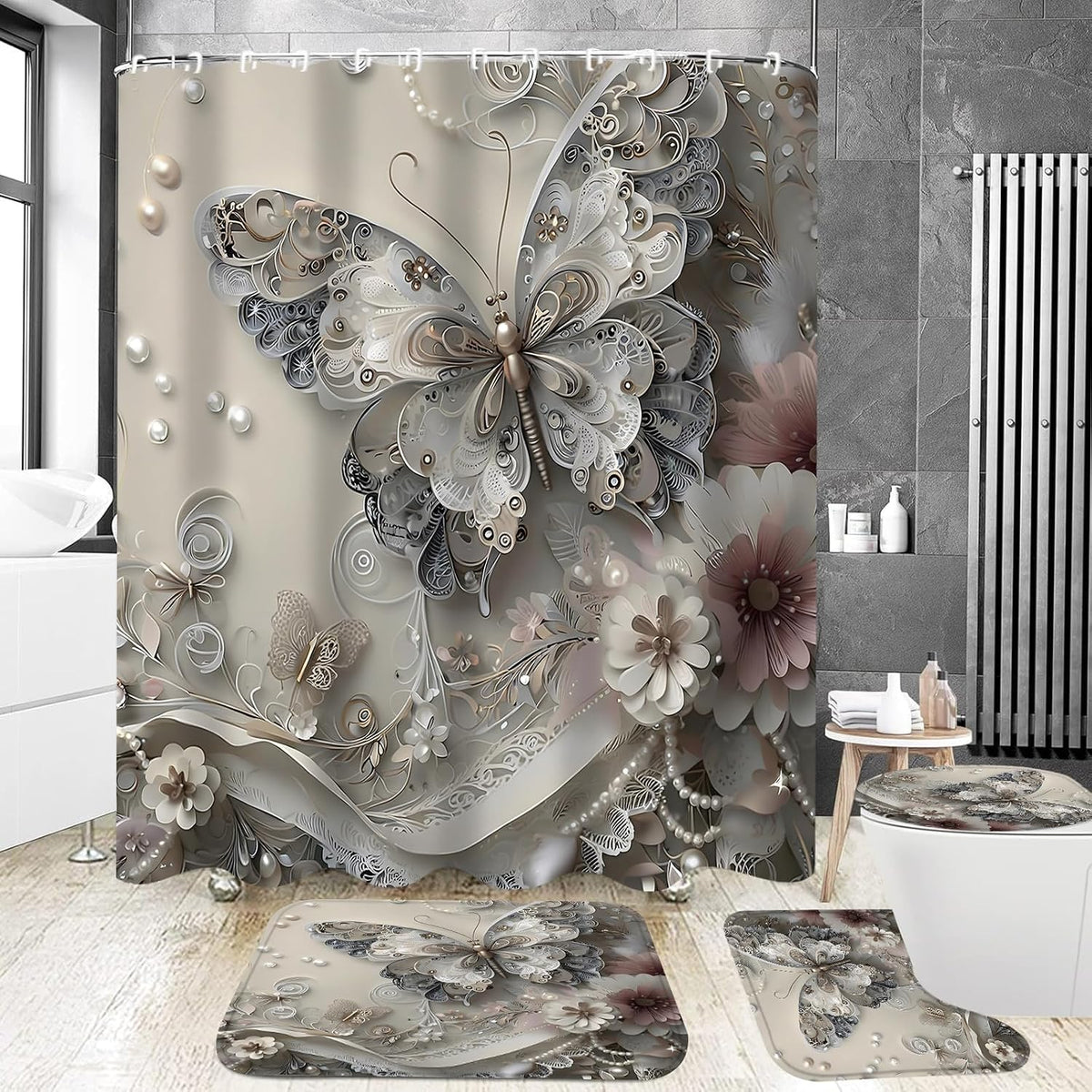 DDQQ 4Pcs Shower Curtain Sets, Gray Butterfly Bathroom Curtains Shower Set, Bathroom Decor Sets, Shower Curtain for Bathroom with Rugs, Toilet Lid Cover, Bath Mat and 12 Hooks, 71 x 71 Inches