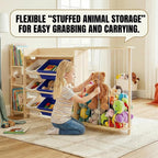 Amdermi Kids Toy Storage Organizer with 9 Plastic Bins, 3-Tier Wooden Shelving Unit for Playroom & Bedroom, Nursery Bookshelf and Stuffed Animal Zoo Storage, Natural Wood Finish （Blue）