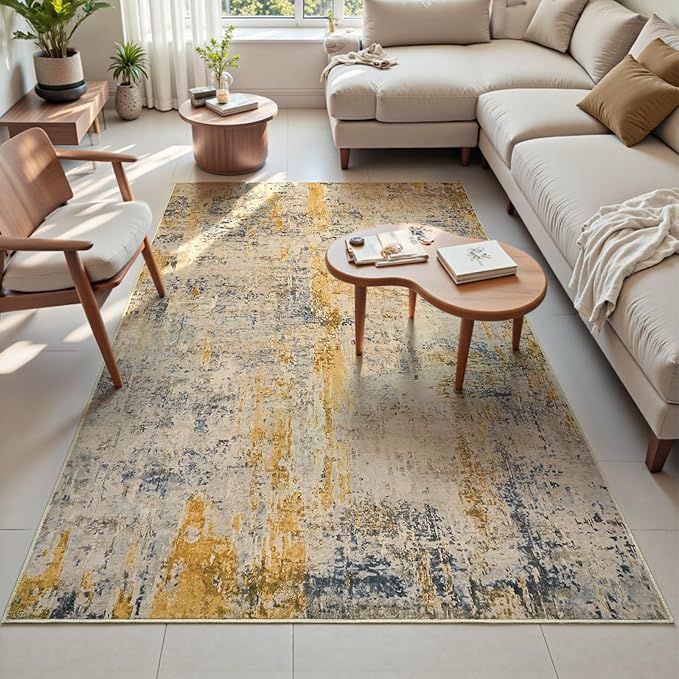 Area Rug 4x6 Beige Rug Washable Boho Rugs Non Slip Low Pile Abstract Small - Image 2