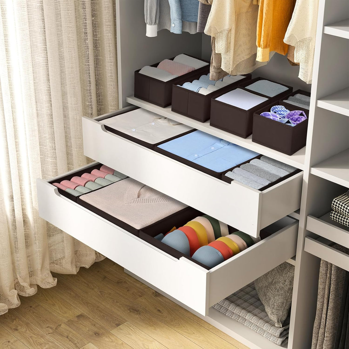 DIMJ Drawer Organizer Clothes, 12 Pack Underwear Organizer, Foldable Closet Organizers, Sock Organizer Bra Organizer, Fabric Dresser Organizer for Clothes, Bra, Socks, Tie (Brown)