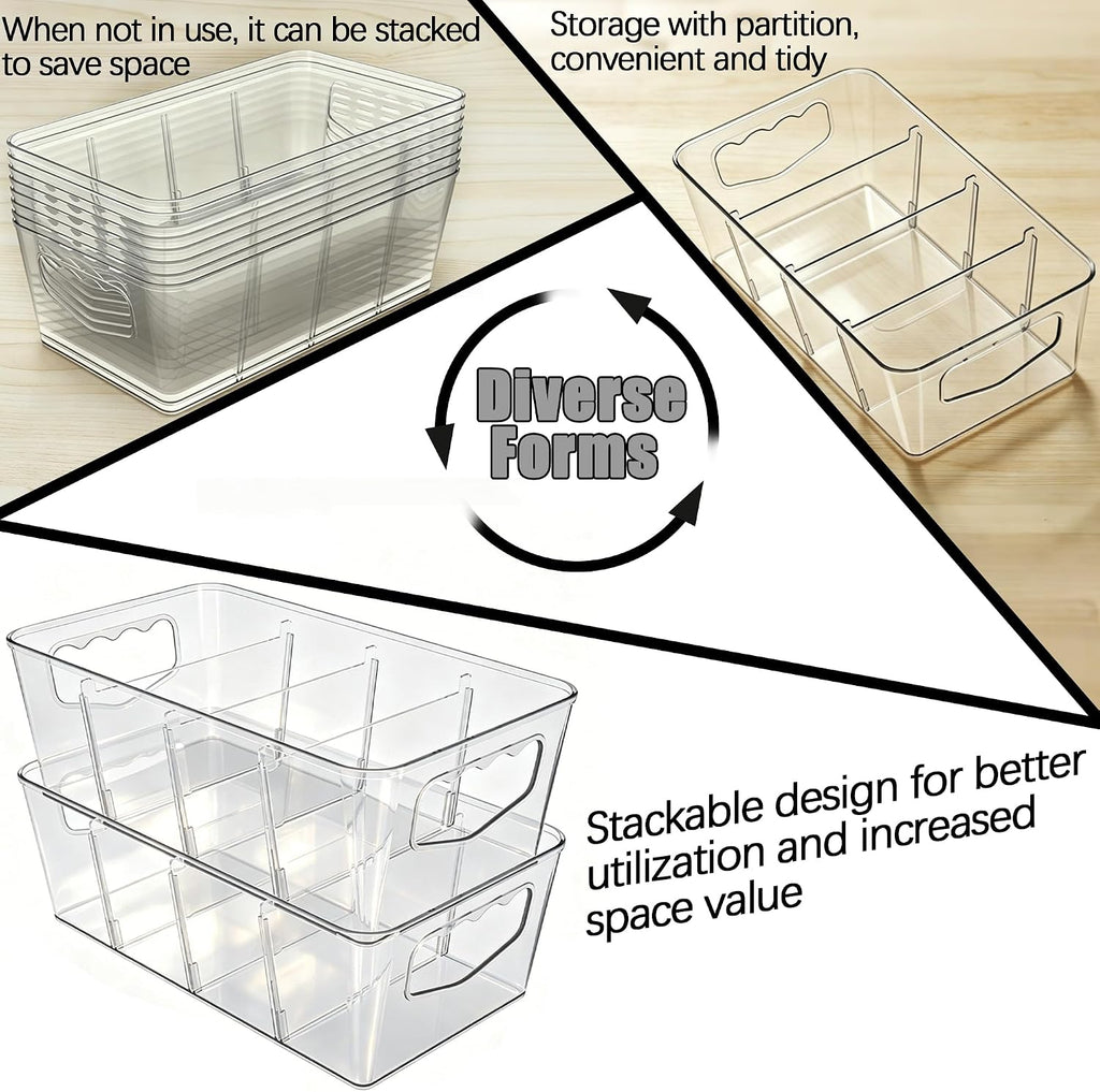 SPACELEAD 6 Pack Clear Pantry Organization Storage Bins with Dividers