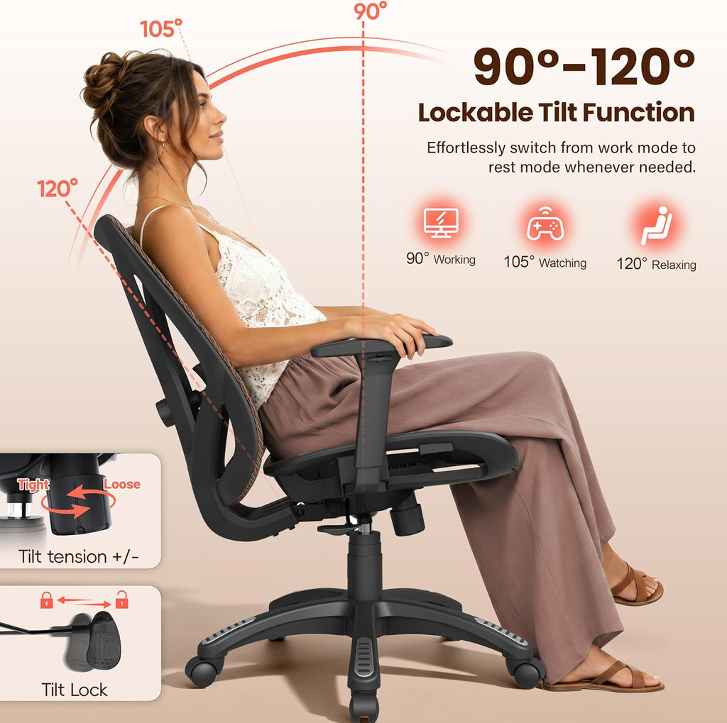 Ergonomic Office Chair, Mesh Computer Desk Chairs with BIFMA X5.1 Certified, Adjustable Lumbar Support, 3D Arm, Tilt Back, Wide Seat, Comfy Swivel Work Task Chair for Company and Home (Sunset Orange)