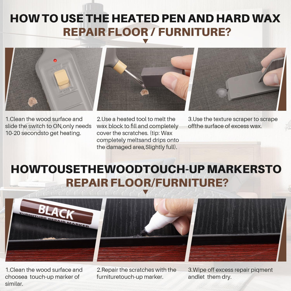 Laminate Floor Repair Kit, 6PCS Vinyl Floor Wax with 6PCS Wood Touch Up Markers, Fix Scratches, Stains, Cracks, Holes