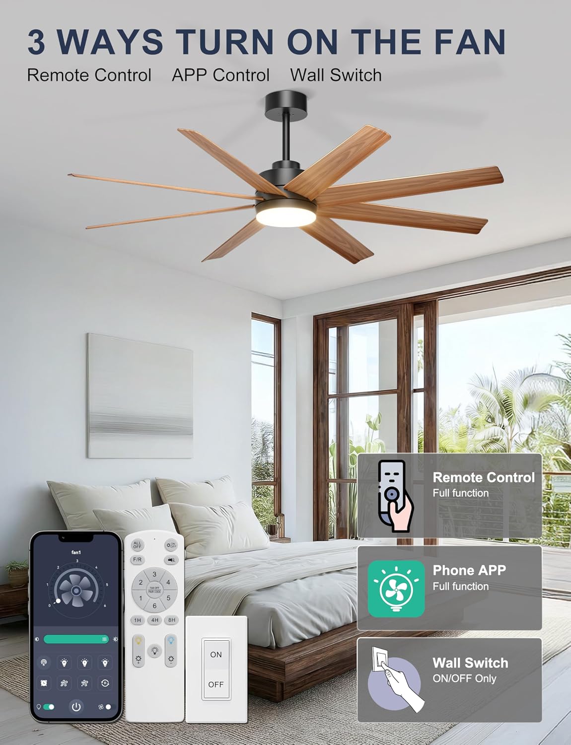 Ohniyou 60" Modern Farmhouse Ceiling Fan with Light for Patio, Living Room