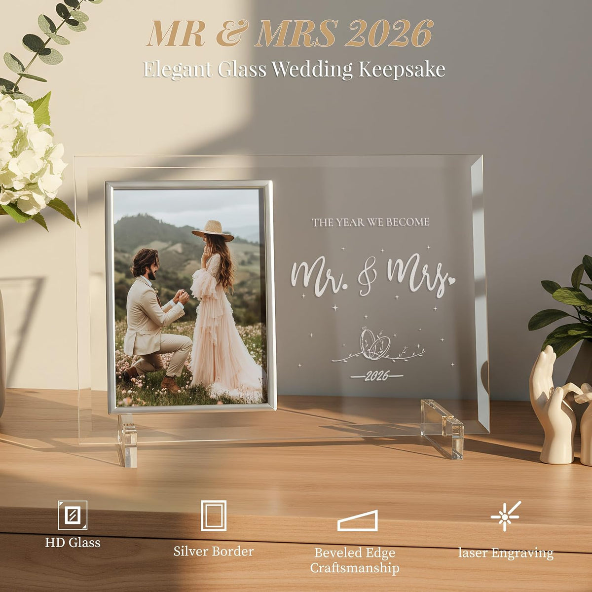 Wedding Gifts for Couples 2026, Engagement Anniversary Mr and Mrs Presents for Newlyweds, Bridal Shower Gift for Bride to be, Personalized Glass Picture Frame 4x6 for His and Her