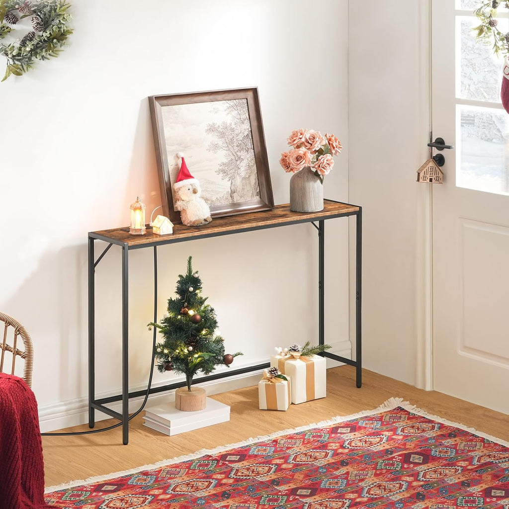 MAHANCRIS Narrow Console Table, 43.7" Sofa Table with Outlets, Rustic Brown