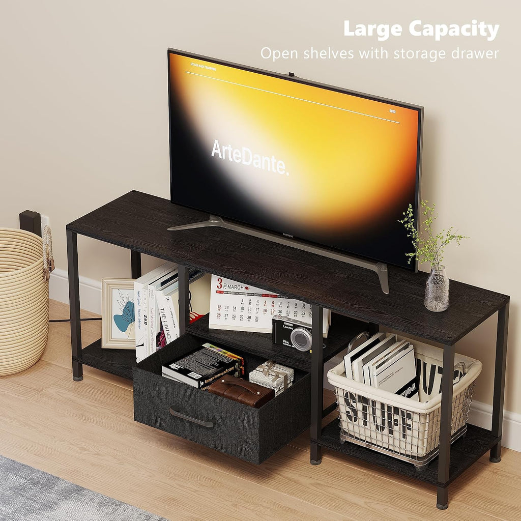JARHETUN TV Stand with LED Lights, Entertainment Center with Open Shelves and Fabric Drawer, Media Console for 55 Inch TV, Television Stands for Living Room, Bedroom, Black