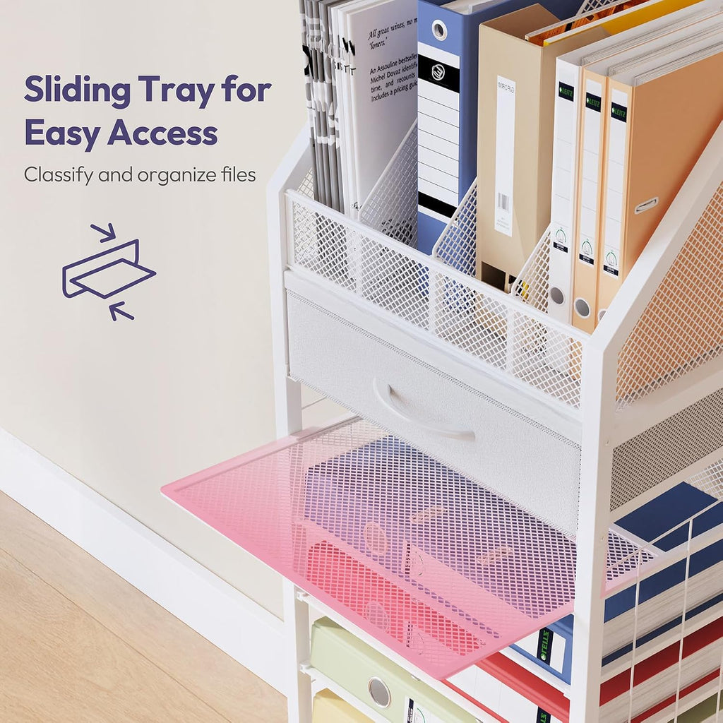 9-Tier Rolling File Cart - Paper Organizer with Drawer and Trays, Wood Desk Office Organizer, Office Organization and Binder Storage for Workspace, Home, School, White