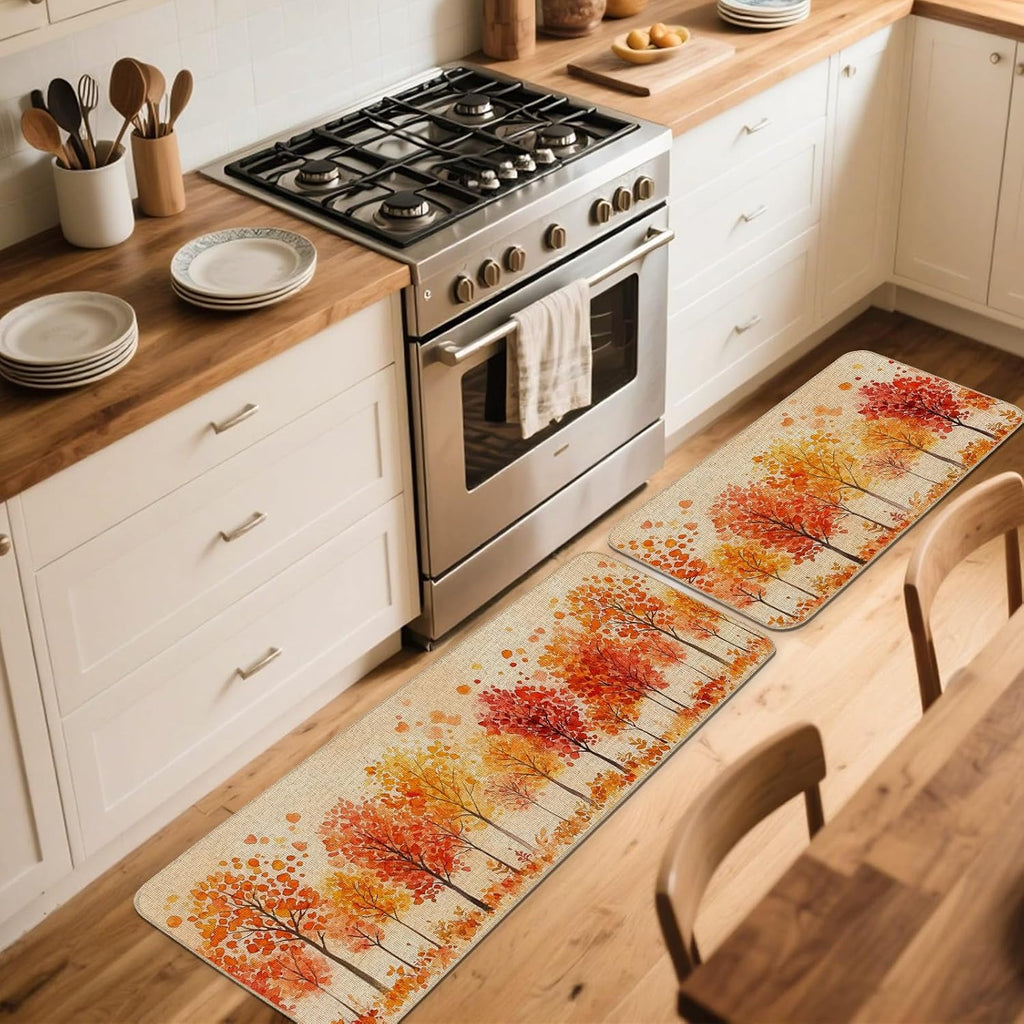 Watercolor Fall Maple Trees Kitchen Rugs Set of 2, 17x29 and 17x47 Inch