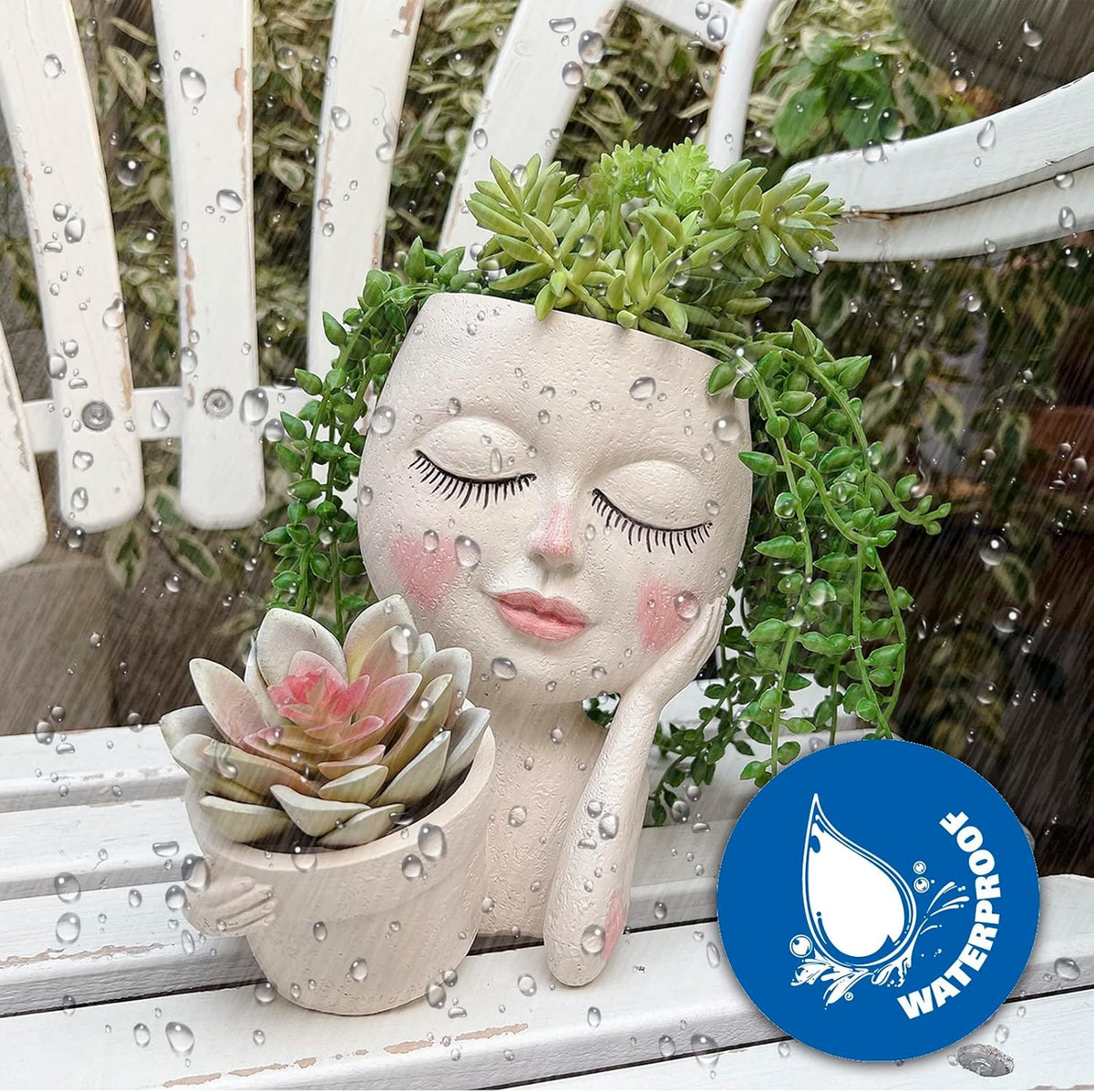 Face Planter Pot, Double Flower Pots Resin with Drainage Hole