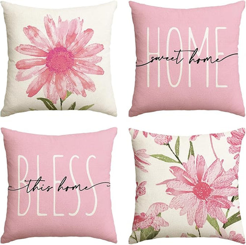AVOIN colorlife Home Sweet Home Spring Summer Flowers Pink Throw Pillow Covers by AVOINcolorlife
