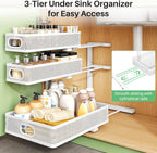 Kitstorack Under Sink Organizer, 2-Pack 3-Tier Height Adjustable Thickened Metal Pull out Cabinet Organizer Shelf, Slide out Storage Drawer Rack for Bathroom Kitchen Pantry Home Laundry Organization