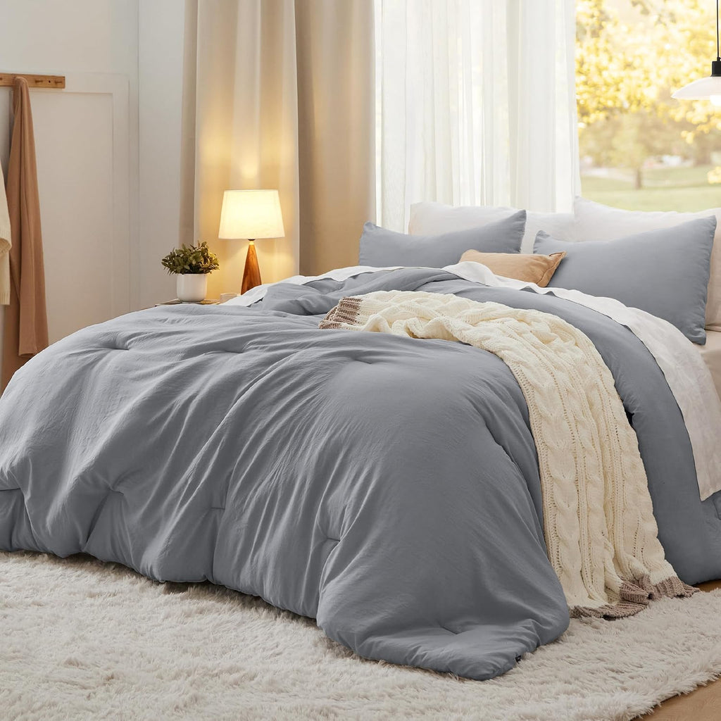 Bedsure King Comforter Set Prewashed Soft Bedding Set 3Pcs Grey 104"x90"