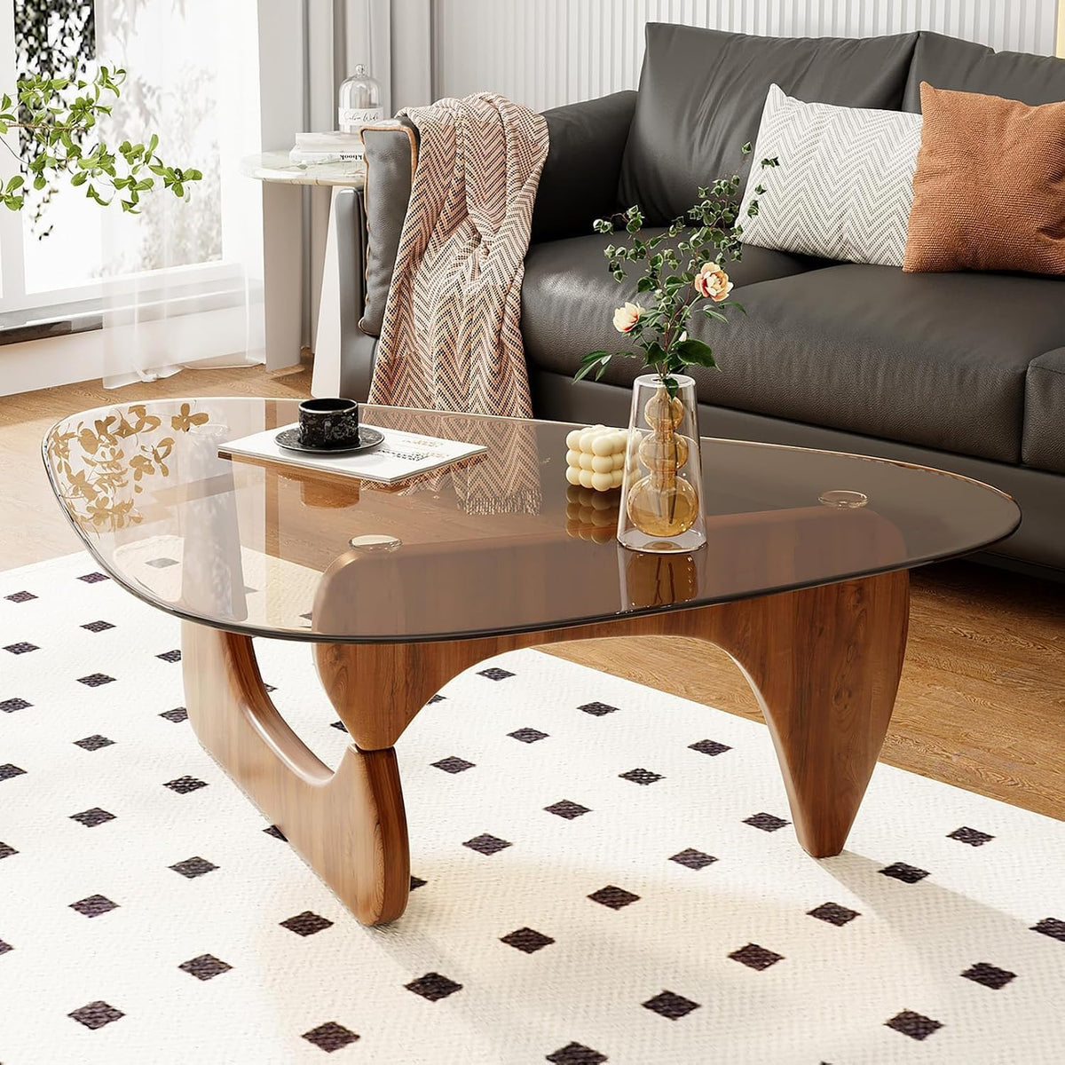 Coffee Table for Living Room Mid Century Modern Center Table with Glass Top and Wood, 32 Inch, Brown/Walnut