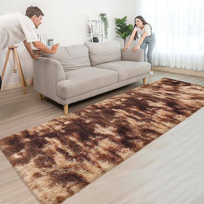 Super Soft Fluffy Living Room Area Rug 3x10 ft Tie-Dyed Brown Shaggy Furry - Image 2