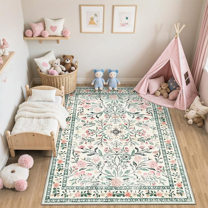 Area Rug Living Room Rugs: Floral 5x7 Washable Rug Vintage Soft Boho Non-Slip - Image 5