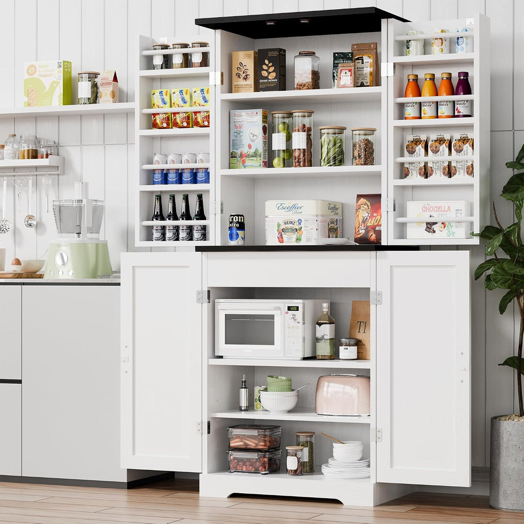 Vongrasig Kitchen Pantry Storage Cabinet with Barn Doors, Drawer and Adjustable Shelves, 6-Tier Tall Rustic Wood Cupboard Locker for Kitchen, Dining Room, Living Room, Bathroom, Rustic Grey