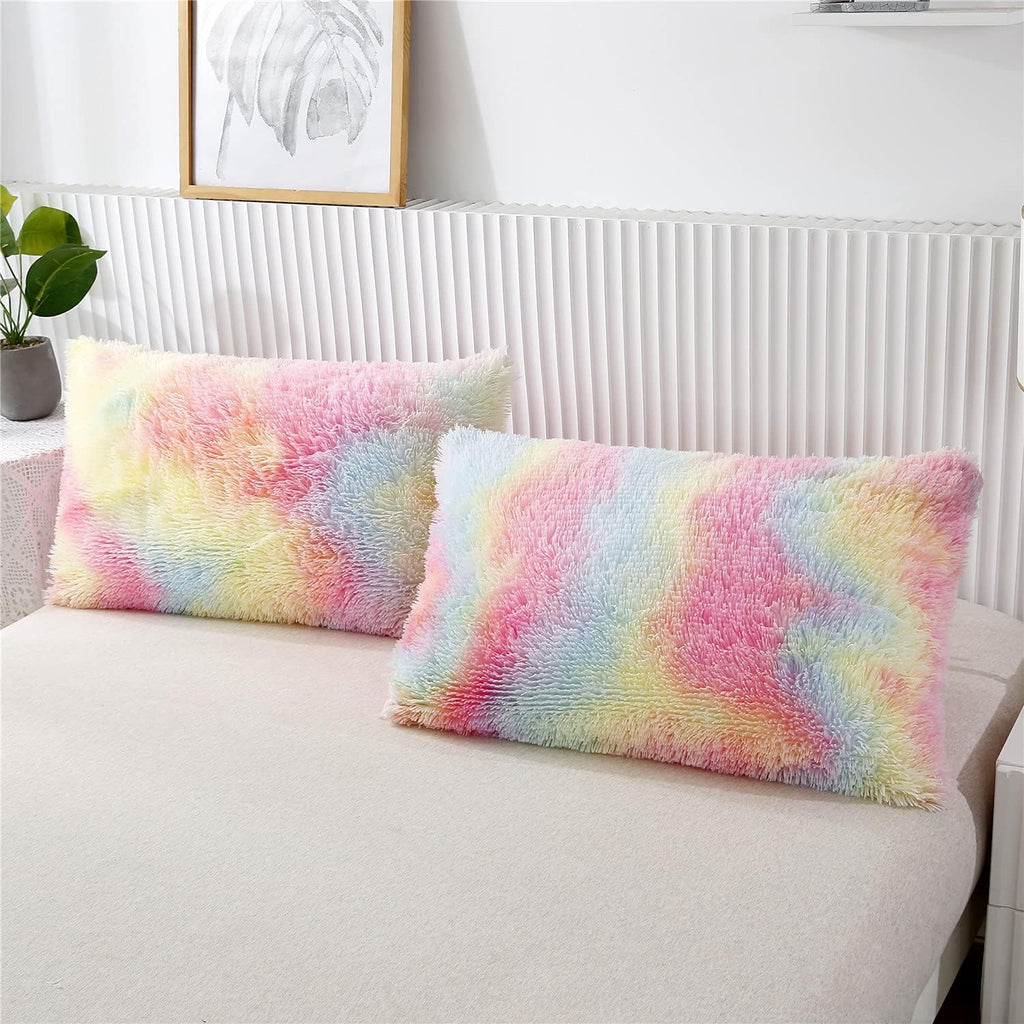 RYNGHIPY 3Pcs Rainbow Long Hair Bedding Sets Twin for Girls