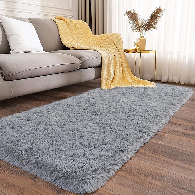 Fluffy Shag Runner Rugs for Bedroom Hallways, 2x8 Grey Long Soft Throw Area Rug - Image 3