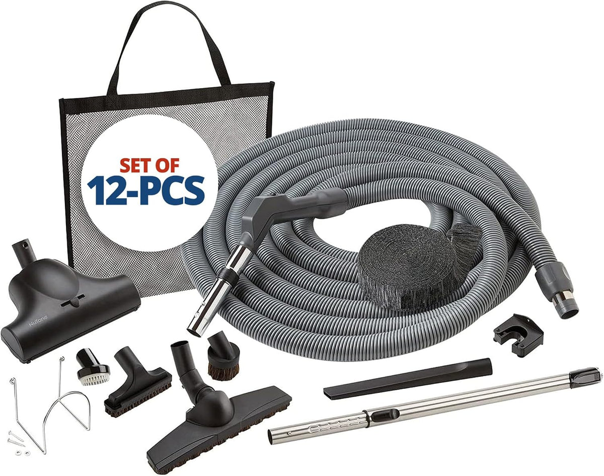 Central Vac System Carpet and Bare Floor Air Turbine Pet Care Attachment Set for Cleaning Home, Includes 30FT Crushproof Hose, Air turbine and Soft-Bristle Brush, Crevice Tool, Wand & Mesh Storage Bag