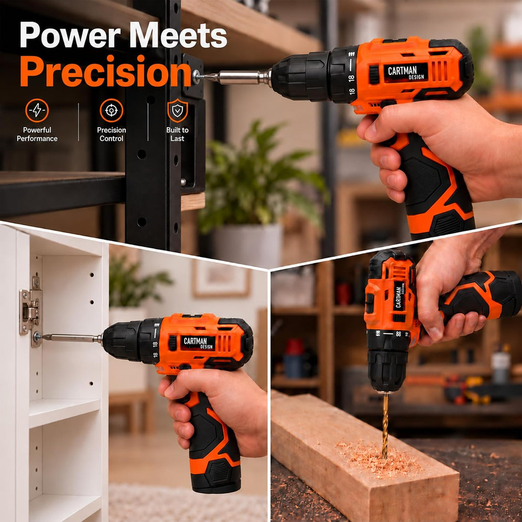 CARTMAN 260-Piece Tool Set With 12V Cordless Drill, Orange Drawer Tool Box