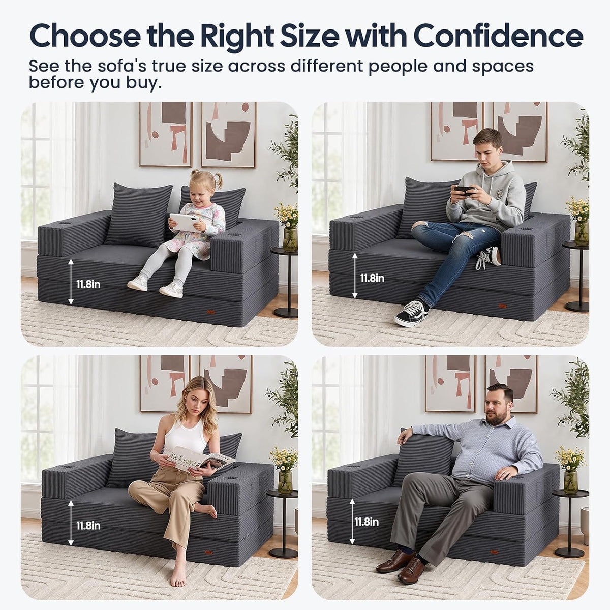 COMAX Boneless Futon Sofa Bed, 59" Small Low-Profile Floor Couch, Grey