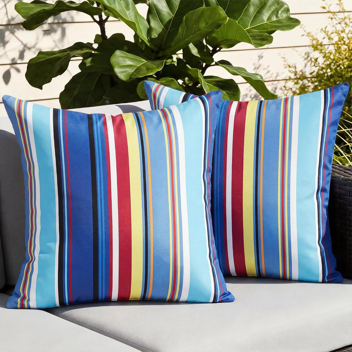 Pyonic Outdoor Pillow Covers 16x16 Inch Waterproof Decorative Stripe Throw Pillow Covers for Couch Chair Patio Porch, Pack of 2(Colorful Red)