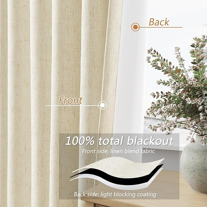 Warm Beige 100% Blackout Linen Curtains 84 Inch Length 2 Panels Set - Image 4