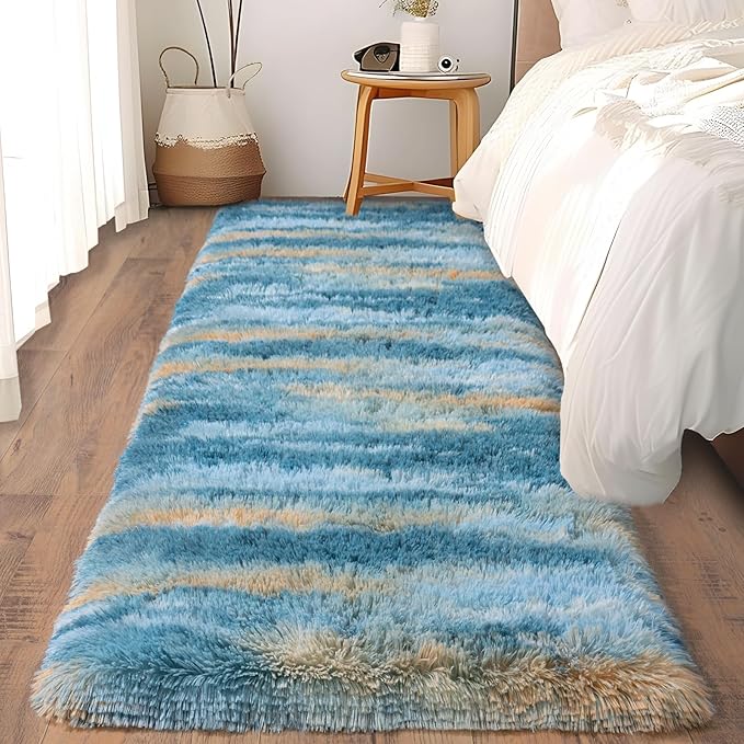 Soft Runner Rugs for Bedroom Hallways, 2x6 Abstract Blue Fluffy Shag Throw Area - Image 5