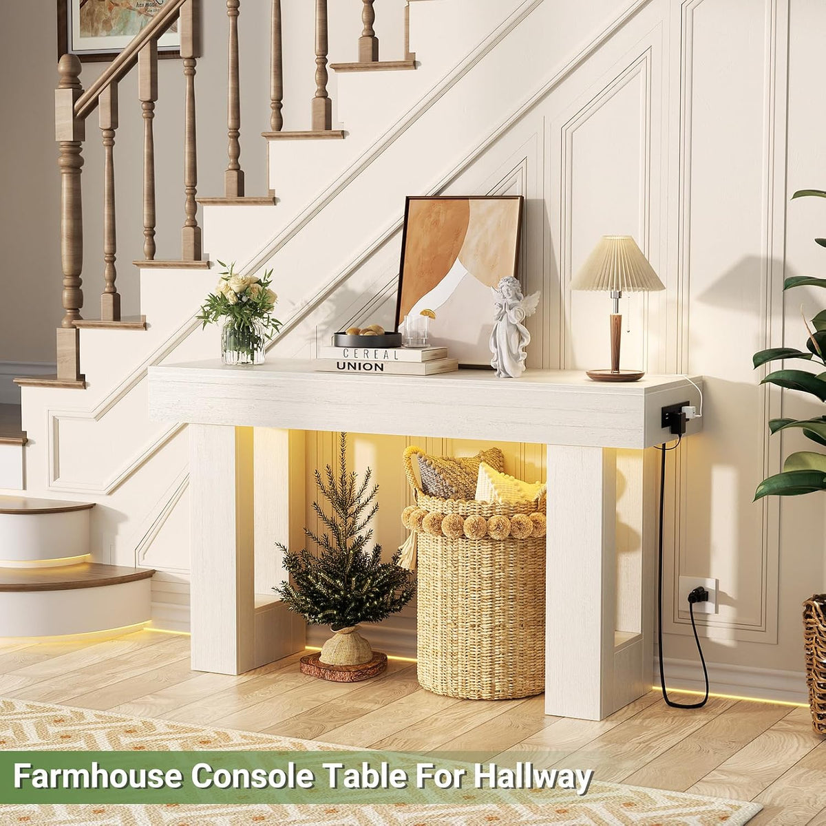 Unikito 47" Entryway Table with Sensor Light and Outlets, Rustic White